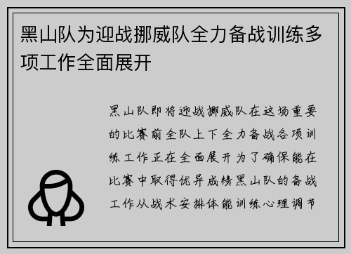 黑山队为迎战挪威队全力备战训练多项工作全面展开