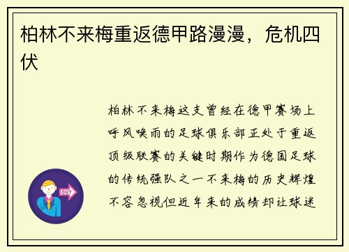 柏林不来梅重返德甲路漫漫，危机四伏
