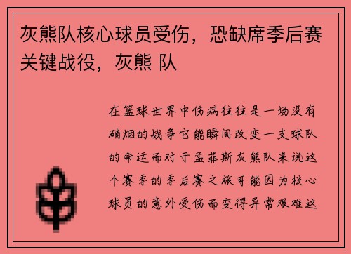 灰熊队核心球员受伤，恐缺席季后赛关键战役，灰熊 队