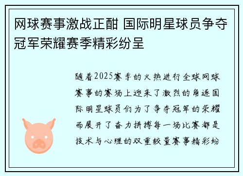 网球赛事激战正酣 国际明星球员争夺冠军荣耀赛季精彩纷呈